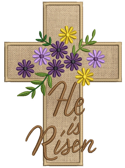 He Is Risen Religious Cross With Flowers Easter Applique Machine Embroidery Design Digitized Pattern