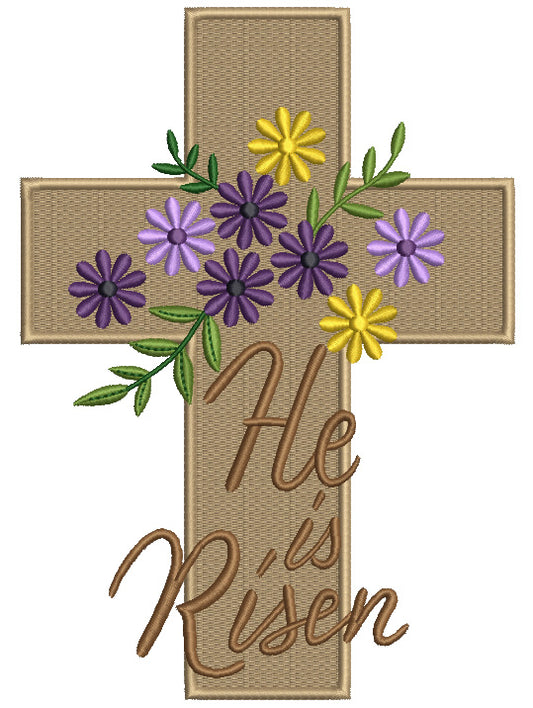 He Is Risen Religious Cross With Flowers Easter Filled Machine Embroidery Design Digitized Pattern