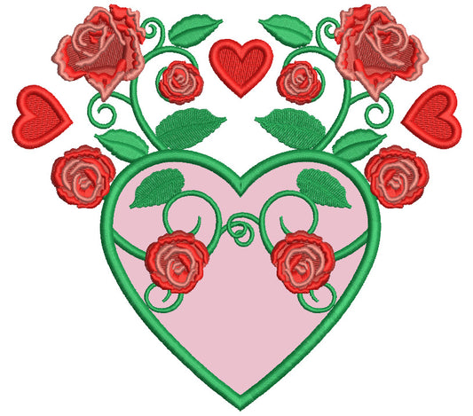 Heart With Roses Valentine's Day Applique Machine Embroidery Design Digitized Pattern