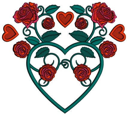 Heart With Roses Valentine's Day Applique Machine Embroidery Design Digitized Pattern