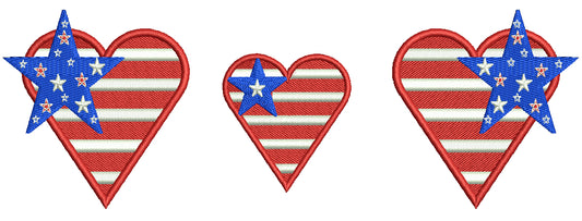 Hearts With American Flag and Stars Filled Machine Embroidery Design Digitized Pattern
