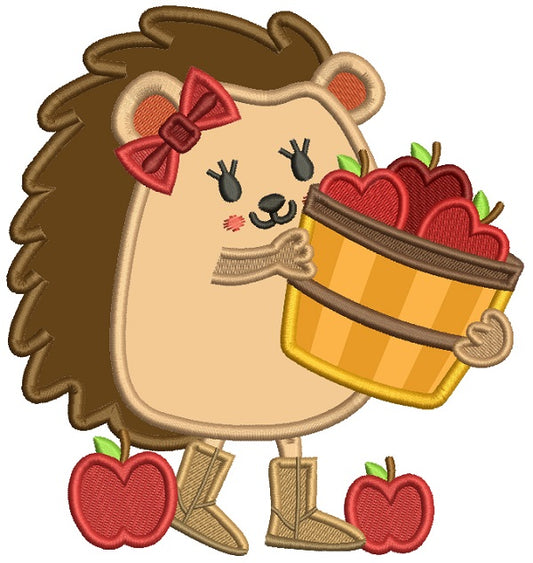 Hedgehog Holding Basket With Apples Thanksgiving Applique Machine Embroidery Design Digitized Pattern