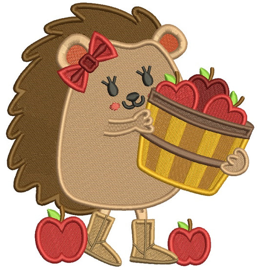 Hedgehog Holding Basket With Apples Thanksgiving Filled Machine Embroidery Design Digitized Pattern