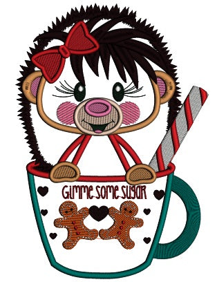 Hedgehog Sitting Inside a Cup Applique Christmas Machine Embroidery Design Digitized Pattern