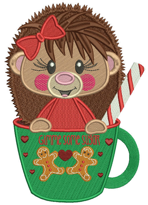 Hedgehog Sitting Inside a Cup Filled Christmas Machine Embroidery Design Digitized Pattern