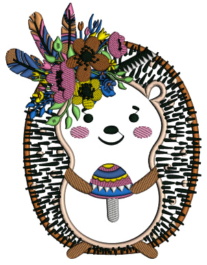 Hedgehog With Feathers Holding a Mashroom Easter Applique Machine Embroidery Design Digitized Pattern