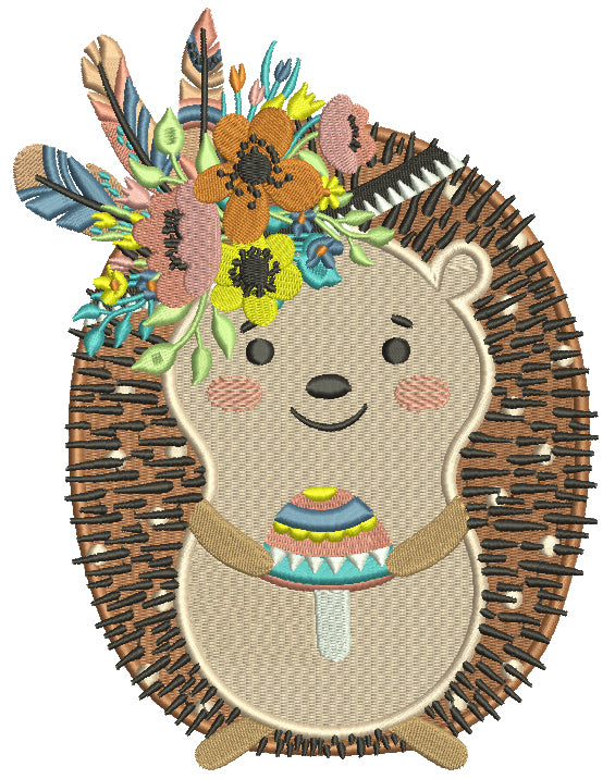 Hedgehog With Feathers Holding a Mashroom Easter Filled Machine Embroidery Design Digitized Pattern