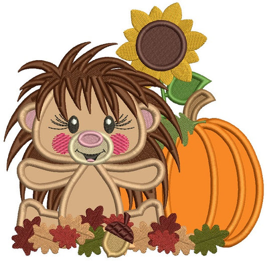 Hedgehog With Pumpkin and Sunflower Thanksgiving Applique Machine Embroidery Design Digitized Pattern