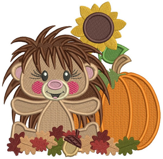 Hedgehog With Pumpkin and Sunflower Thanksgiving Filled Machine Embroidery Design Digitized Pattern