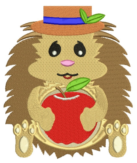 Hedgehog with Apple and a hat Filled Machine Embroidery Digitized Design Pattern