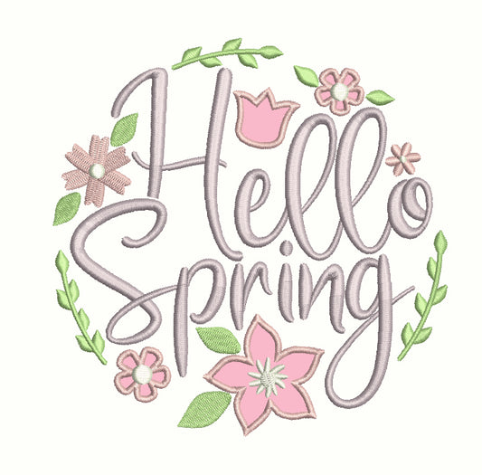 Hello Spring Flowers Applique Machine Embroidery Design Digitized Pattern