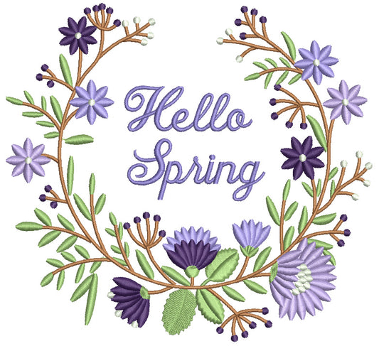 Hello Spring Wreath With Flowers Filled Machine Embroidery Design Digitized Pattern