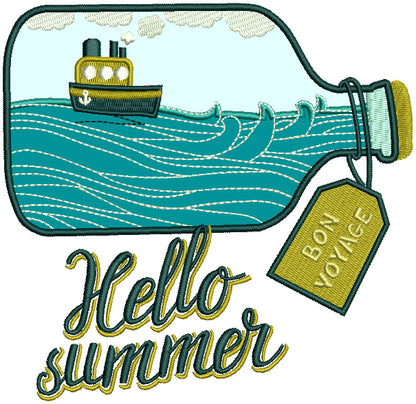Hello Summer Bon Voyage In The Bottle Applique Machine Embroidery Design Digitized Pattern
