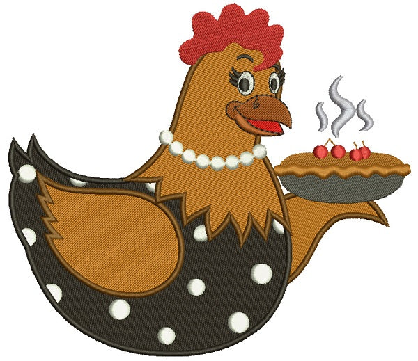 Hen Holding a Cherry Pie Filled Machine Embroidery Digitized Design Pattern