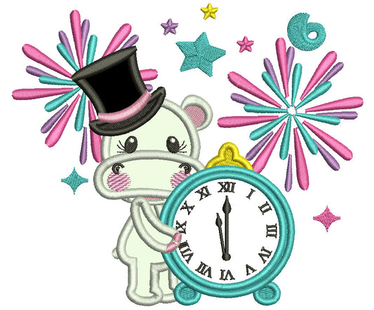 Hippo Clock Strikes 12 Fireworks New Year Applique Machine Embroidery Design Digitized Pattern