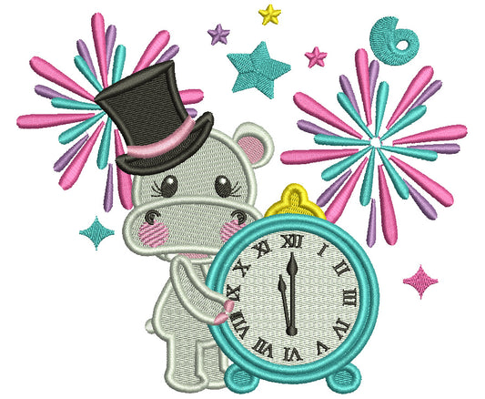 Hippo Clock Strikes 12 Fireworks New Year Filled Machine Embroidery Design Digitized Pattern