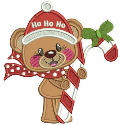 Ho Ho Ho Cute Bear With Candy Cane Applique Christmas Machine Embroidery Design Digitized Pattern