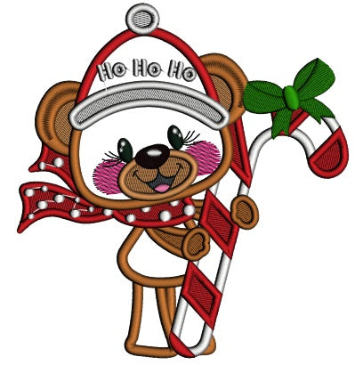 Ho Ho Ho Cute Bear With Candy Cane Applique Christmas Machine Embroidery Design Digitized Pattern