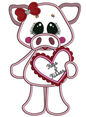 Hogs And Kisses Cute Piggy Holding a Big Heart Applique Machine Embroidery Design Digitized Pattern