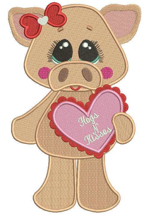 Hogs And Kisses Cute Piggy Holding a Big Heart Filled Machine Embroidery Design Digitized Pattern