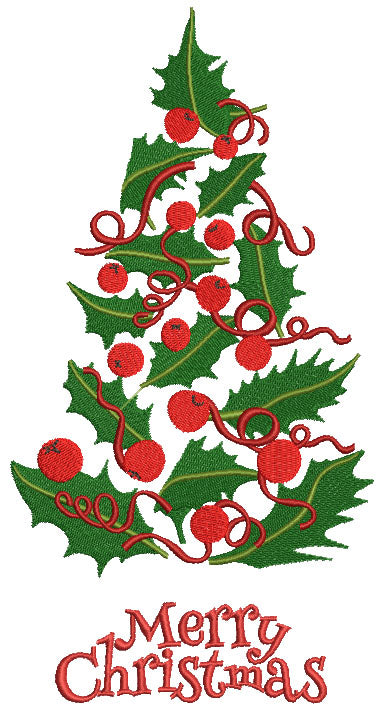 Holly Berry Christmas Tree Filled Machine Embroidery Design Digitized Pattern