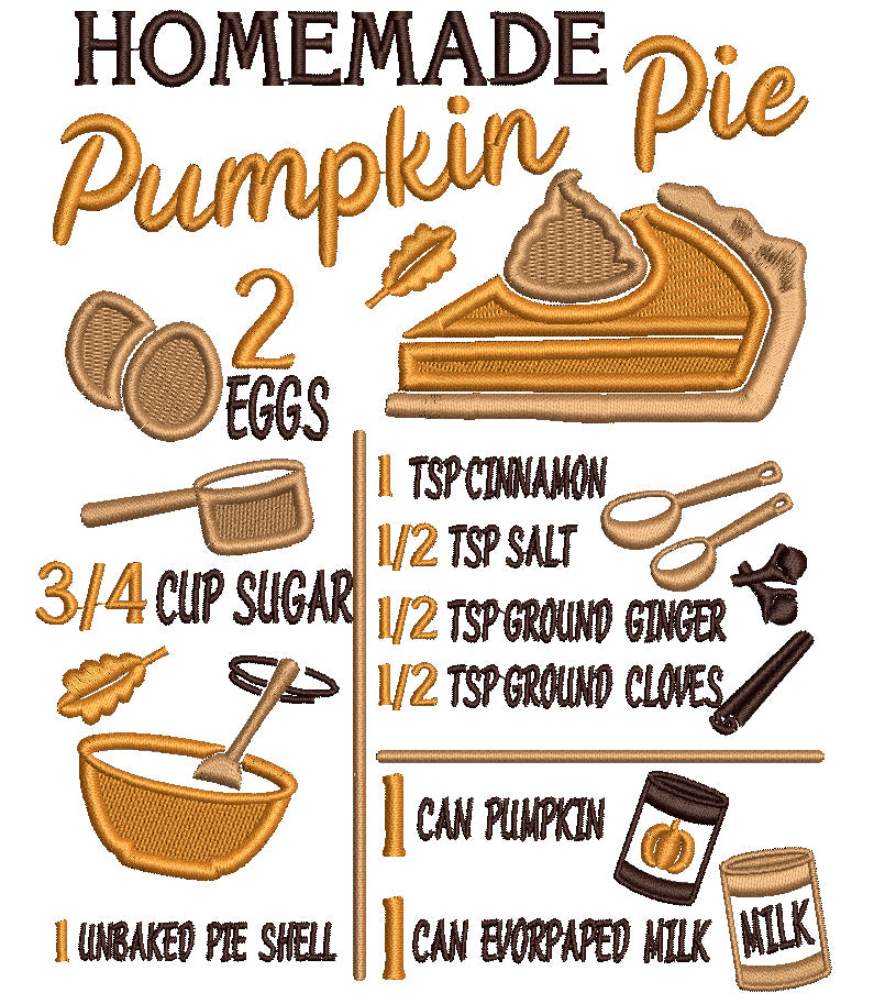 Homemade Pumpkin Pie Recipe Thanksgiving Filled Machine Embroidery Design Digitized Pattern
