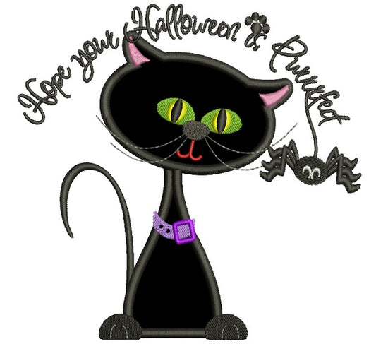 Hope Your Halloween is Purrfect Blacks Cat and Spider Halloween Applique Machine Embroidery Digitized Design Pattern
