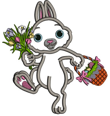 Hopping Bunny With Flowers And Easter Basket Applique Machine Embroidery Design Digitized Pattern