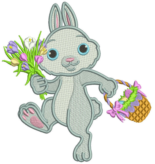 Hopping Bunny With Flowers And Easter Basket Filled Machine Embroidery Design Digitized Pattern