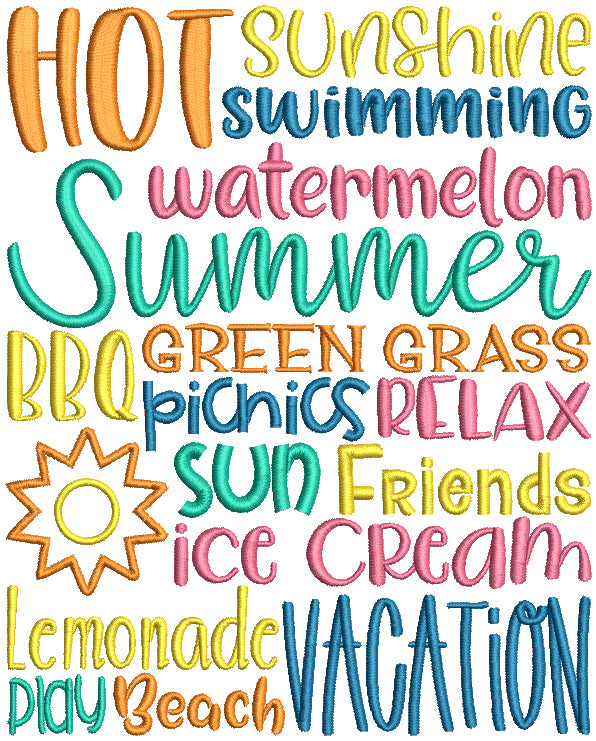 Hot Sunshine Swimming Watermelon Summer Lemonade Play Beach Vacation And Sun Filled Machine Embroidery Design Digitized Pattern