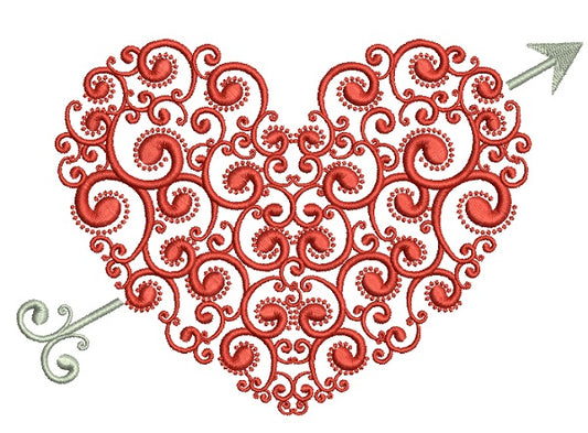 Ornate Heart With Arrow Love Filled Machine Embroidery Design Digitized Pattern