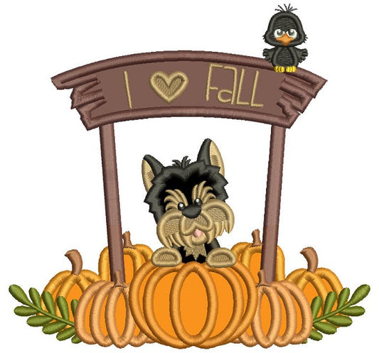 I Love Fall Little Dog With Pumpkins Fall Thanksgiving Applique Machine Embroidery Design Digitized Pattern