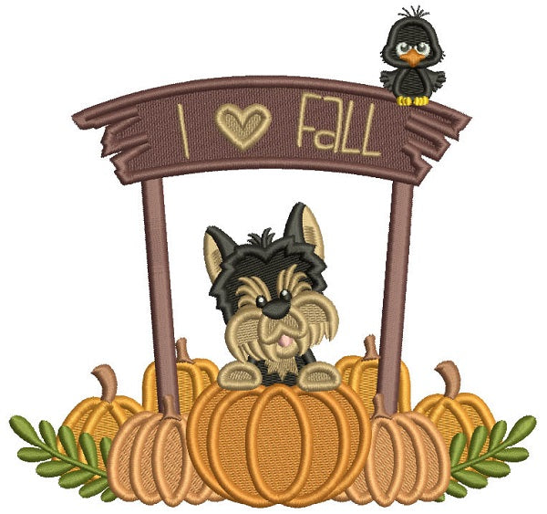 I Love Fall Little Dog With Pumpkins Fall Thanksgiving Filled Machine Embroidery Design Digitized Pattern