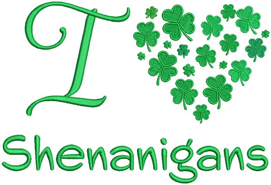 I Love Shenanigans Heart Made Of Shamrocks Filled St. Patrick's Day Machine Embroidery Design Digitized Pattern
