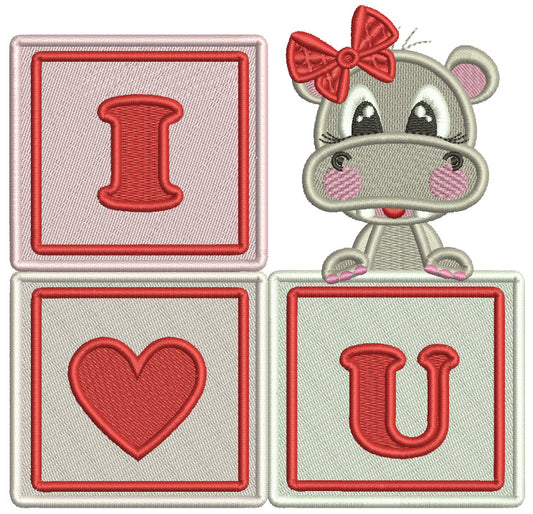I Love You Building Blocks Little Baby Girl Hippo Valentine's Day Filled Machine Embroidery Design Digitized Pattern