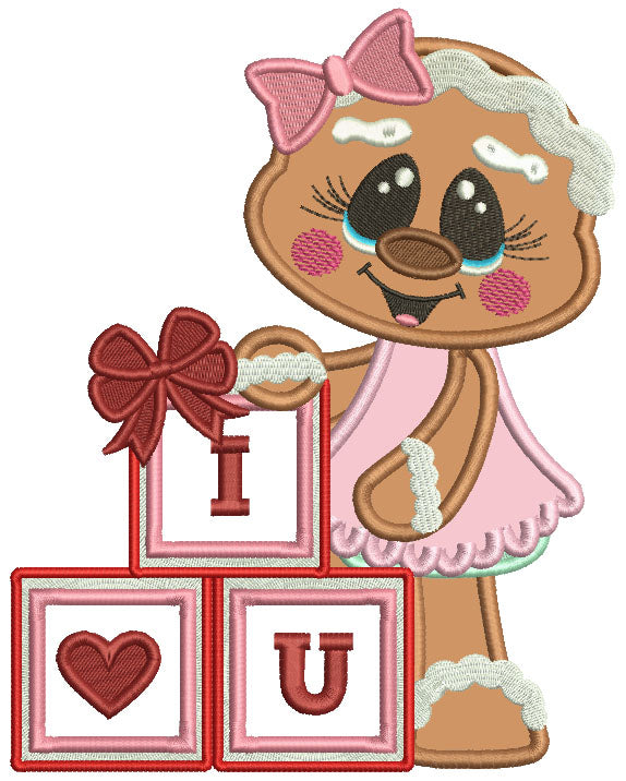 I Love You Building Blocks With a Heart Gingerbread Girl Valentine's Day Applique Machine Embroidery Design Digitized Pattern