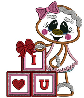 I Love You Building Blocks With a Heart Gingerbread Girl Valentine's Day Applique Machine Embroidery Design Digitized Pattern