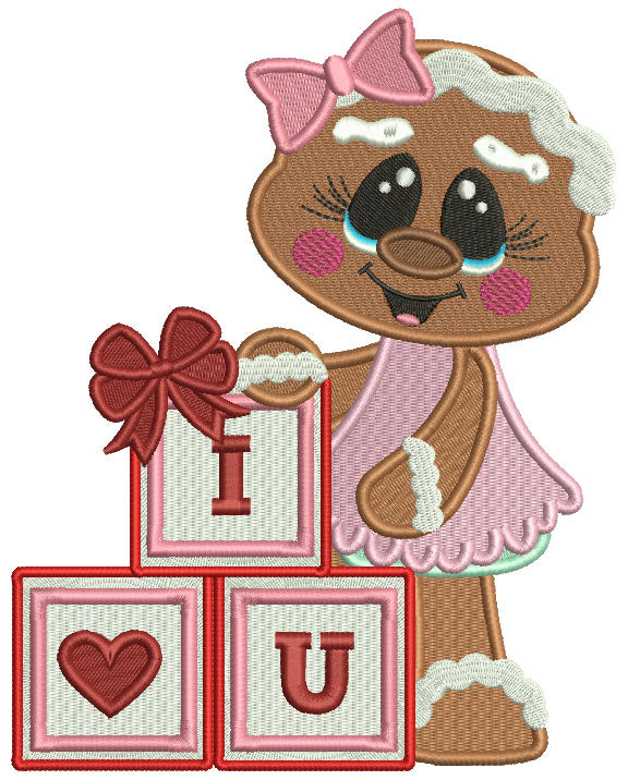 I Love You Building Blocks With a Heart Gingerbread Girl Valentine's Day Filled Machine Embroidery Design Digitized Pattern
