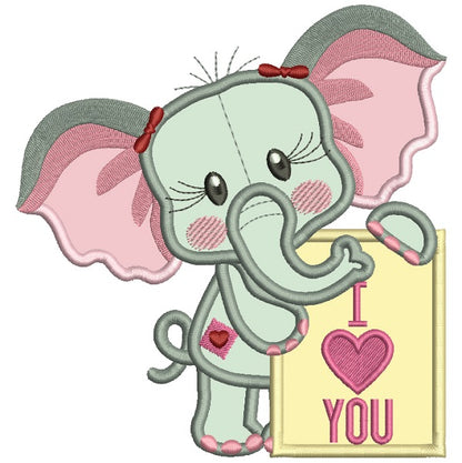 I Love You Cute Little Elephant Applique Machine Embroidery Design Digitized Pattern