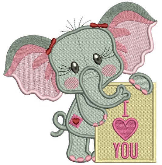I Love You Cute Little Elephant Filled Machine Embroidery Design Digitized Pattern