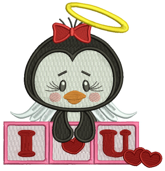 I Love You Cute Penguin Angel Filled Machine Embroidery Design Digitized Pattern
