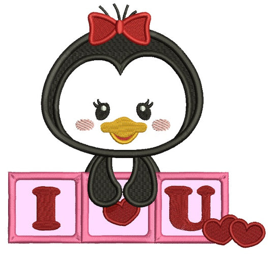 I Love You Cute Penguin Applique Machine Embroidery Design Digitized Pattern
