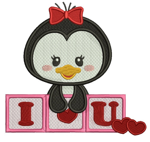 I Love You Cute Penguin Filled Machine Embroidery Design Digitized Pattern