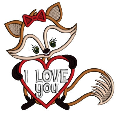 I Love You Girl Fox With a Big Heart Valentine's Day Applique Machine Embroidery Design Digitized Pattern