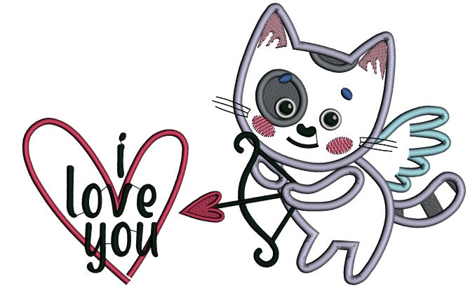 I Love You Little Cat Cupid Holding a Bow Applique Machine Embroidery Design Digitized Pattern