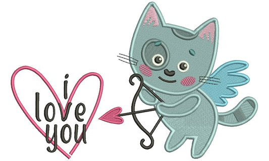 I Love You Little Cat Cupid Holding a Bow Filled Machine Embroidery Design Digitized Pattern