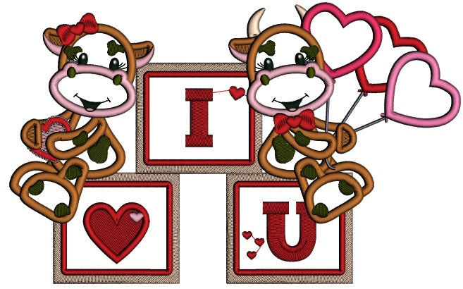 I Love You Two Cute Cows With Hearts Shape Balloons Valentine's Applique Machine Embroidery Design Digitized Pattern