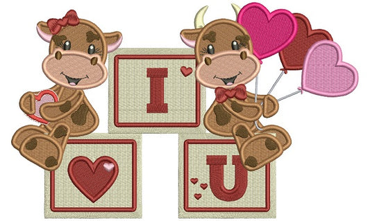 I Love You Two Cute Cows With Hearts Shape Balloons Valentine's Filled Machine Embroidery Design Digitized Pattern