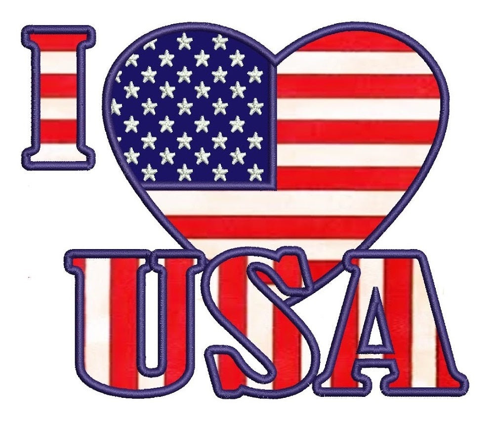 I love USA American Flag Patriotic heart Applique Machine Embroidery Digitized Design Pattern - Instant Download - 4x4 , 5x7, 6x10