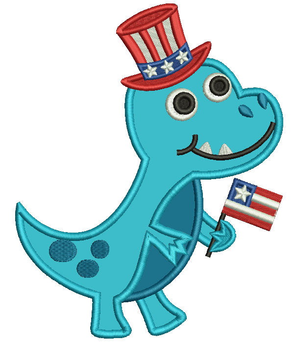 Independence Day Dino Holding American Flag Applique Machine Embroidery Design Digitized Pattern